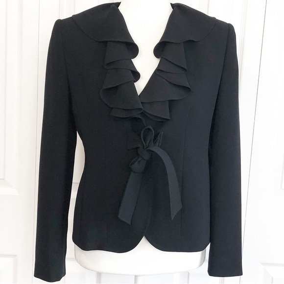 Anne Klein Suit Black Ruffle Trim Bow Tie Front Blazer Jacket 6P - Picture 1 of 16